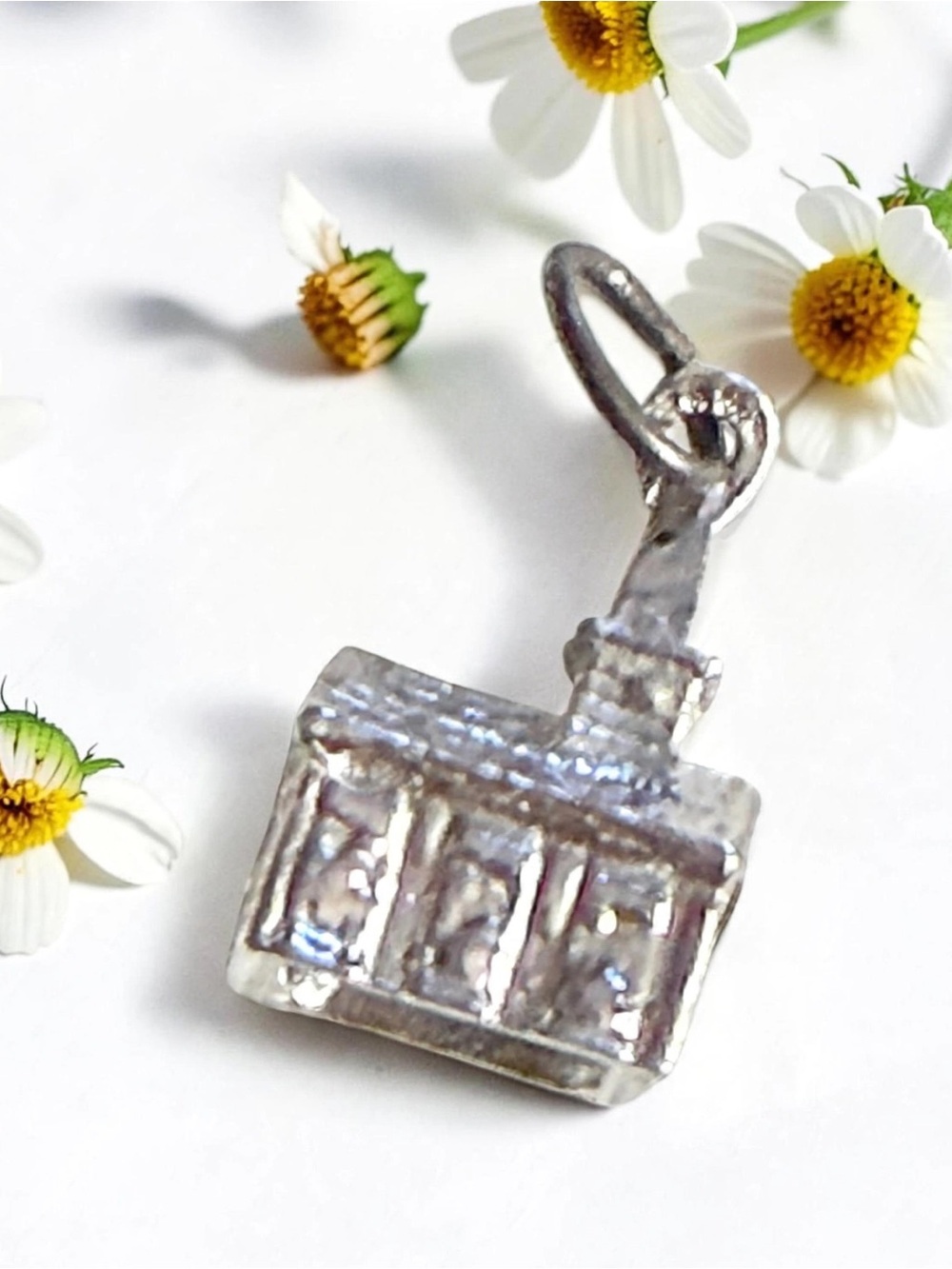 Vintage 70s Sterling Silver Church With Lords Prayer Charm